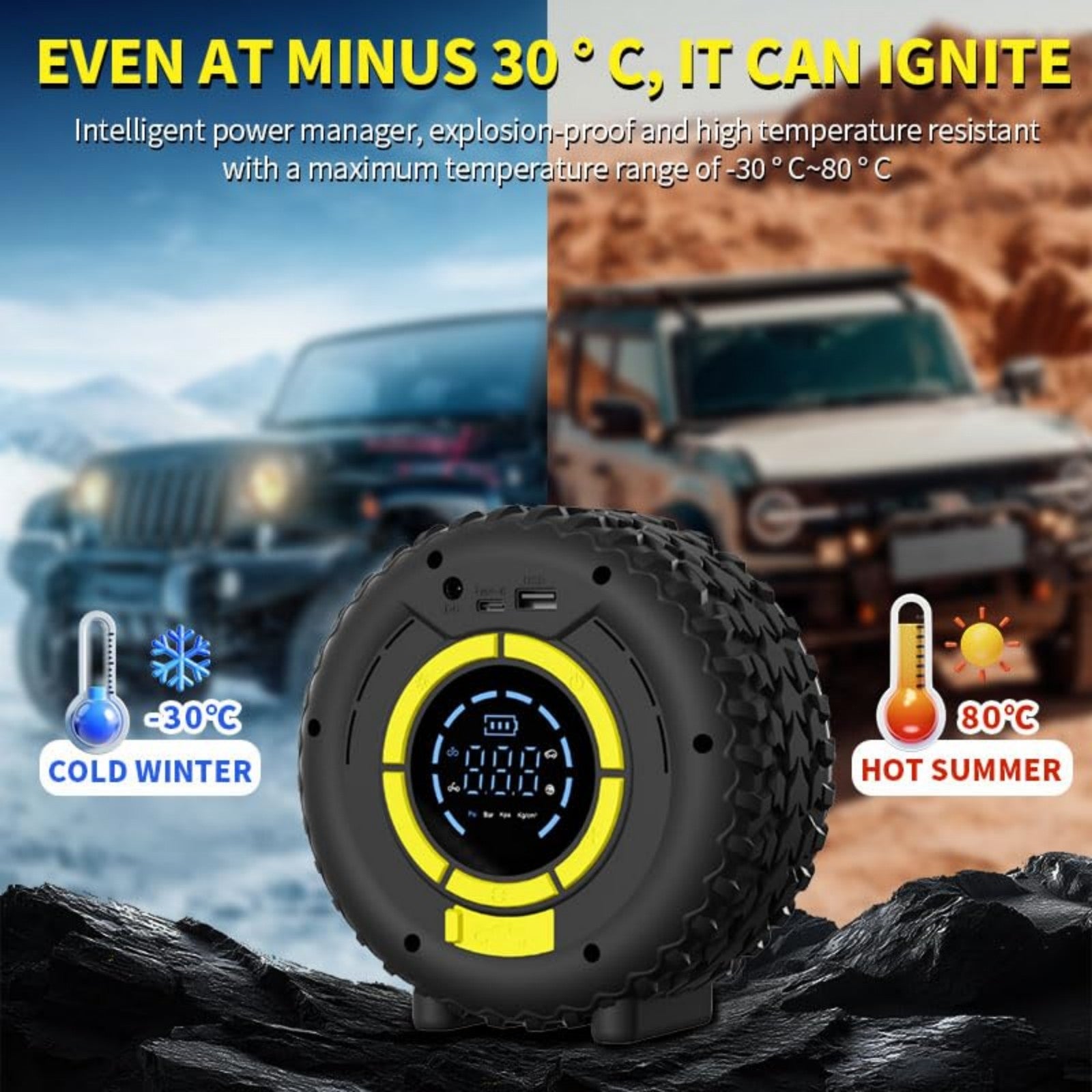 COCCKO Démarreur de batterie de voiture avec gonfleur 150 PSI, compresseur de secours 120 W, 4 modes intelligents, écran LCD, éclairage LED et mode SOS