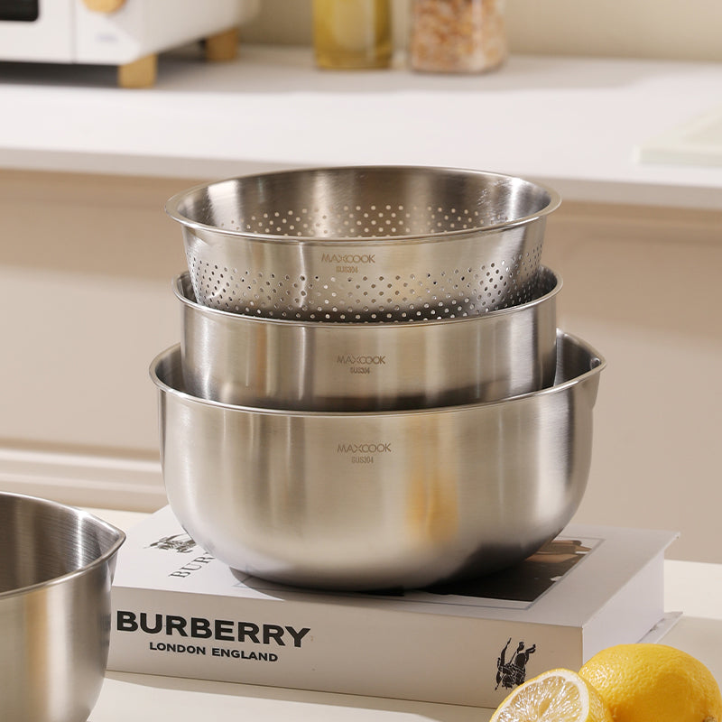 Maxcook Lot de 3 bols de mélange en acier inoxydable 304, 22 cm, avec bouchon d’évacuation et couvercle, robustes, bords plus profonds, finition miroir, compatibles lave-vaisselle, MCWA9907