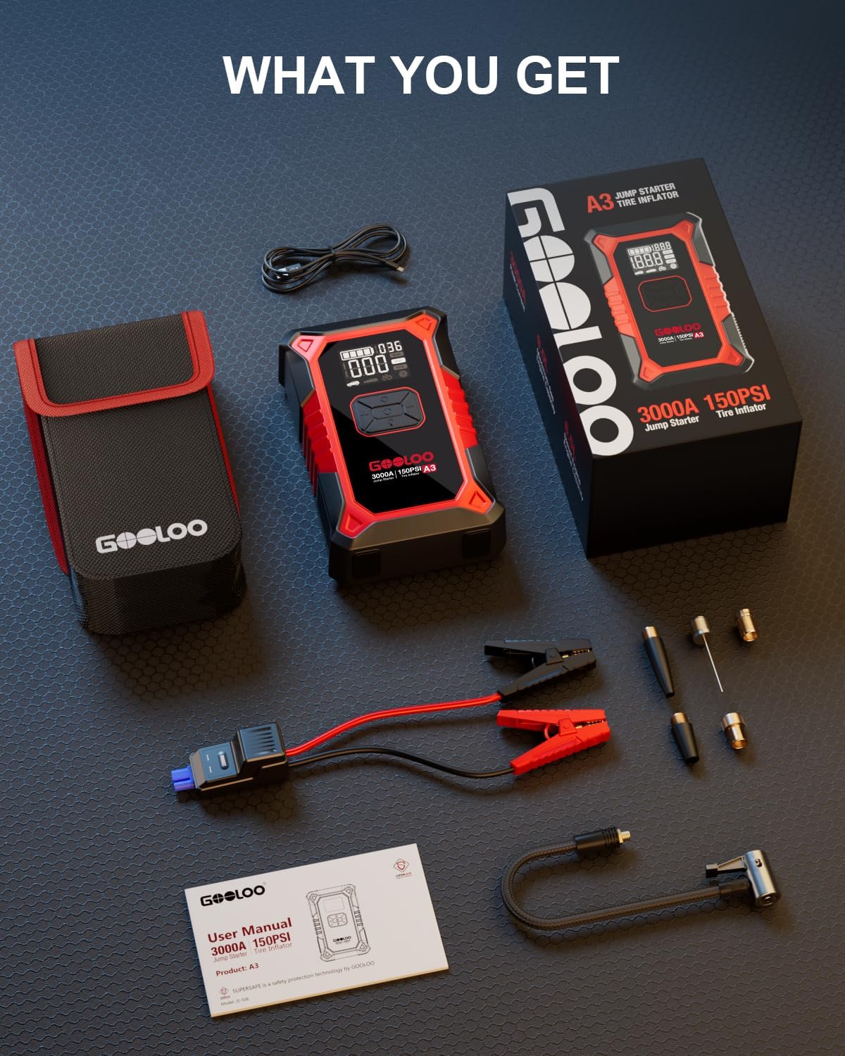 (GOOLOO10) Démarreur de voiture GOOLOO A3 avec batterie externe et compresseur, batterie externe de démarreur de secours 3000 A 150 PSI pour véhicules 12 V (jusqu'à 9,0 L d'essence /