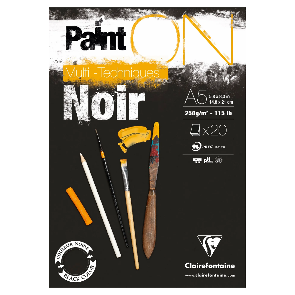 CLAIREFONTAINE Bloc Paint'ON, Noir, colle en tête, 20 feuilles, 250 g, A5