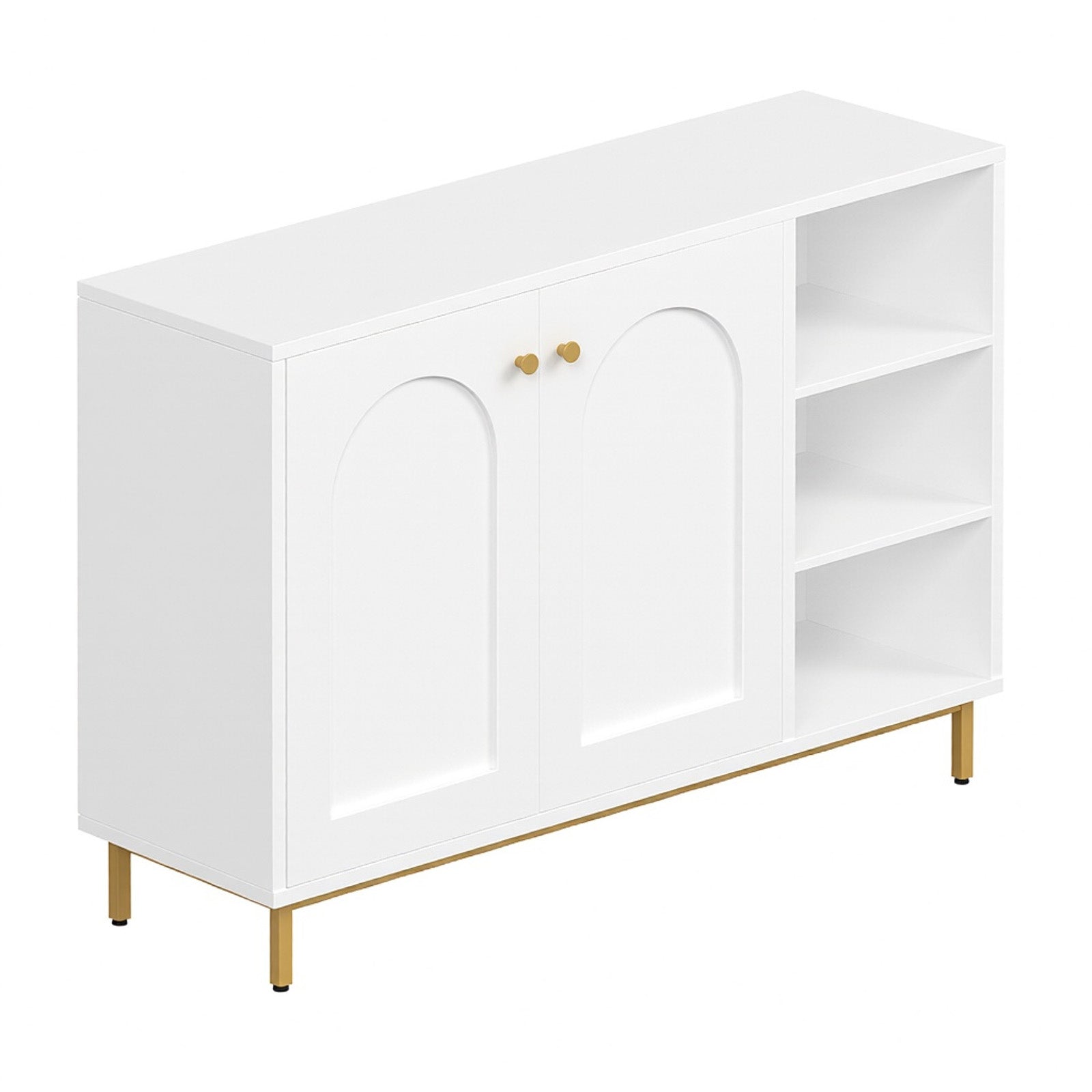 HaluPeit Meuble de salle de bain, Buffet, Meuble de cuisine à 2 portes, Buffet, Meuble de salle de bain avec étagère ouverte, Commode, Étagère réglable, Salle de bain, 35 x 100 x 75 cm, Blanc et or