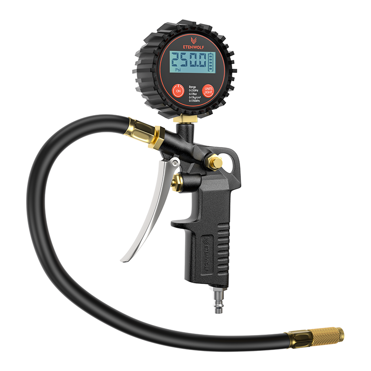 ETENWOLF T500 Manomètre numérique pour pneus avec gonfleur 0-250 PSI, calibré selon ANSI B40.7 grade 2A, embout à air et accessoires pour compresseur avec sac de rangement - Noir