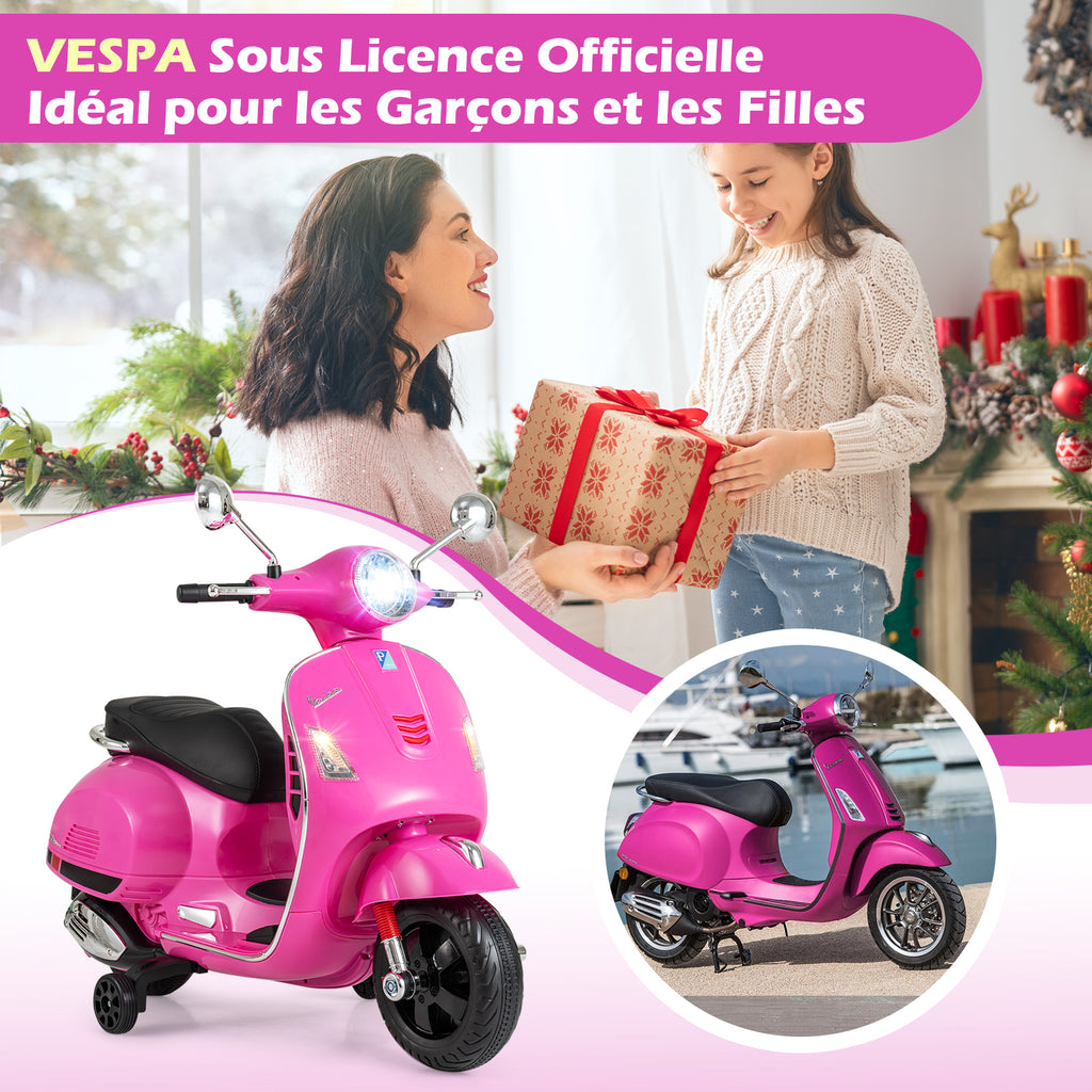 Costway Scooter électrique pour enfants Vespa sous licence 12 V, Scooter motorisé 4 roues avec musique, klaxon, histoires et roues stabilisatrices, 3-6 ans, Rose