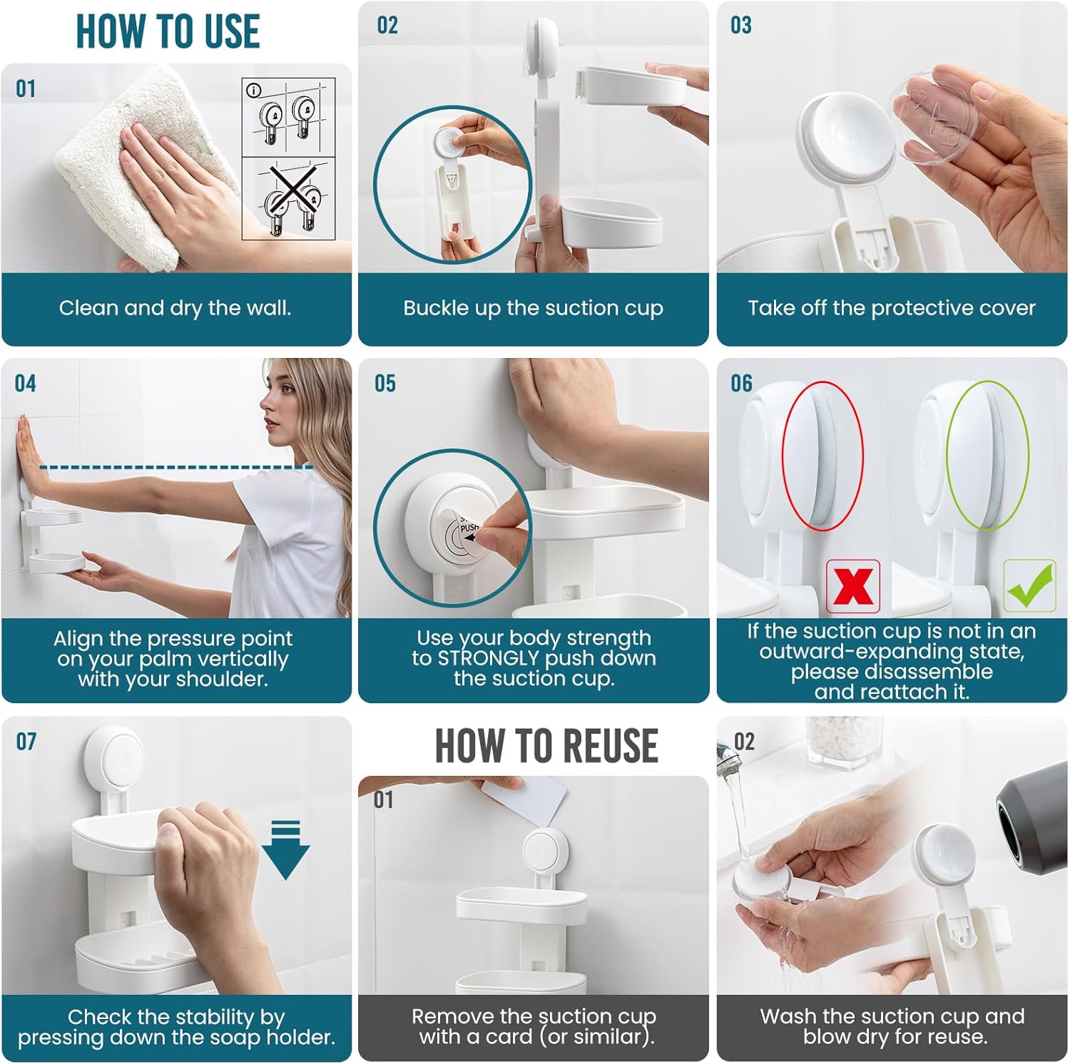 TAILI Porte-savon à ventouse double couche, support à éponge robuste pour douche, salle de bain, baignoire et évier de cuisine, sans perçage, amovible