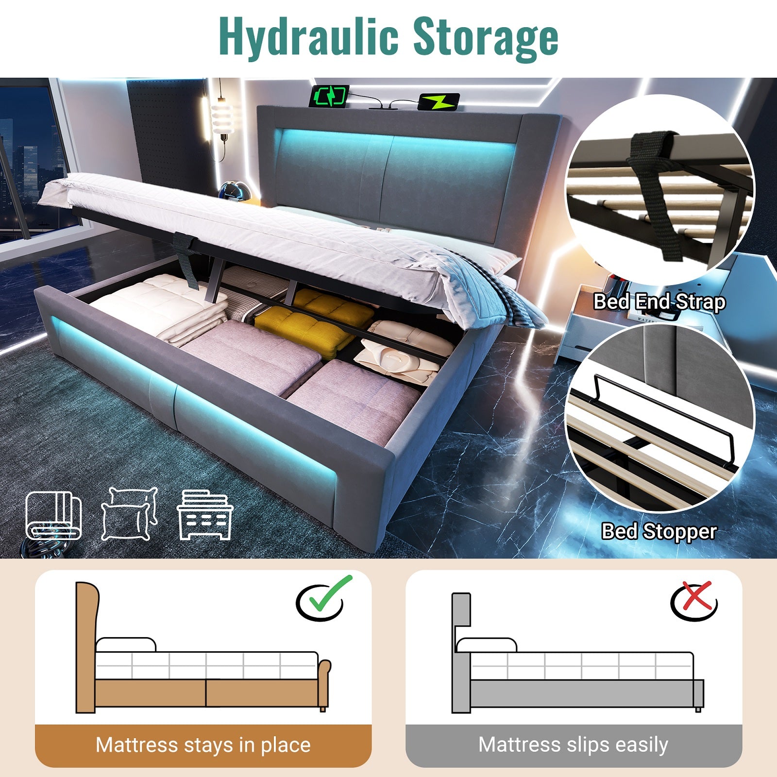 URBAN MEUBLE Lit double 140x200 cm en velours avec rangement, mécanisme de levage hydraulique, éclairage LED, ports USB et Type-C, tête de lit incurvée, gris, sans matelas