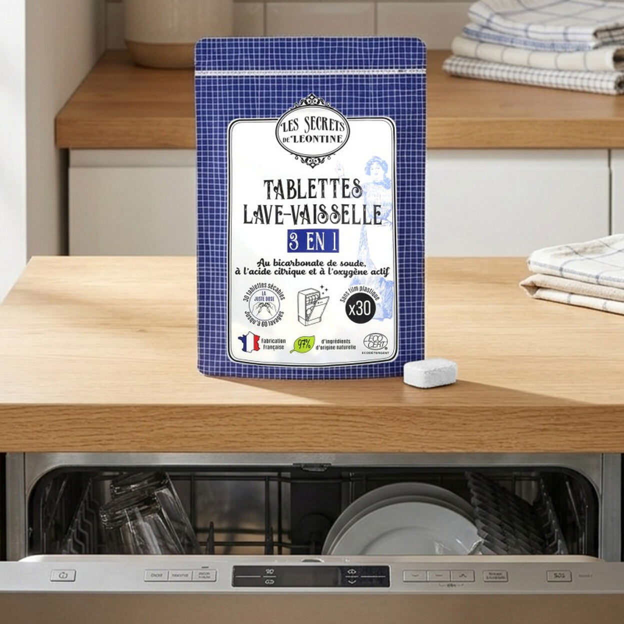 LES SECRETS DE LEONTINE Tablettes Lave-Vaisselle 3 en 1, Bicarbonate de Soude, Acide Citrique & Oxygène Actif, Sans Parfum, 2 x 30 Lavages (= 60 Lavages), 60 Tablettes