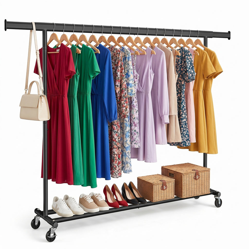 Ochama Portant à Vêtements Extensible, Tringle Robuste avec Roulettes, Penderie Mobile pour Chambre, Montage Facile, Noir