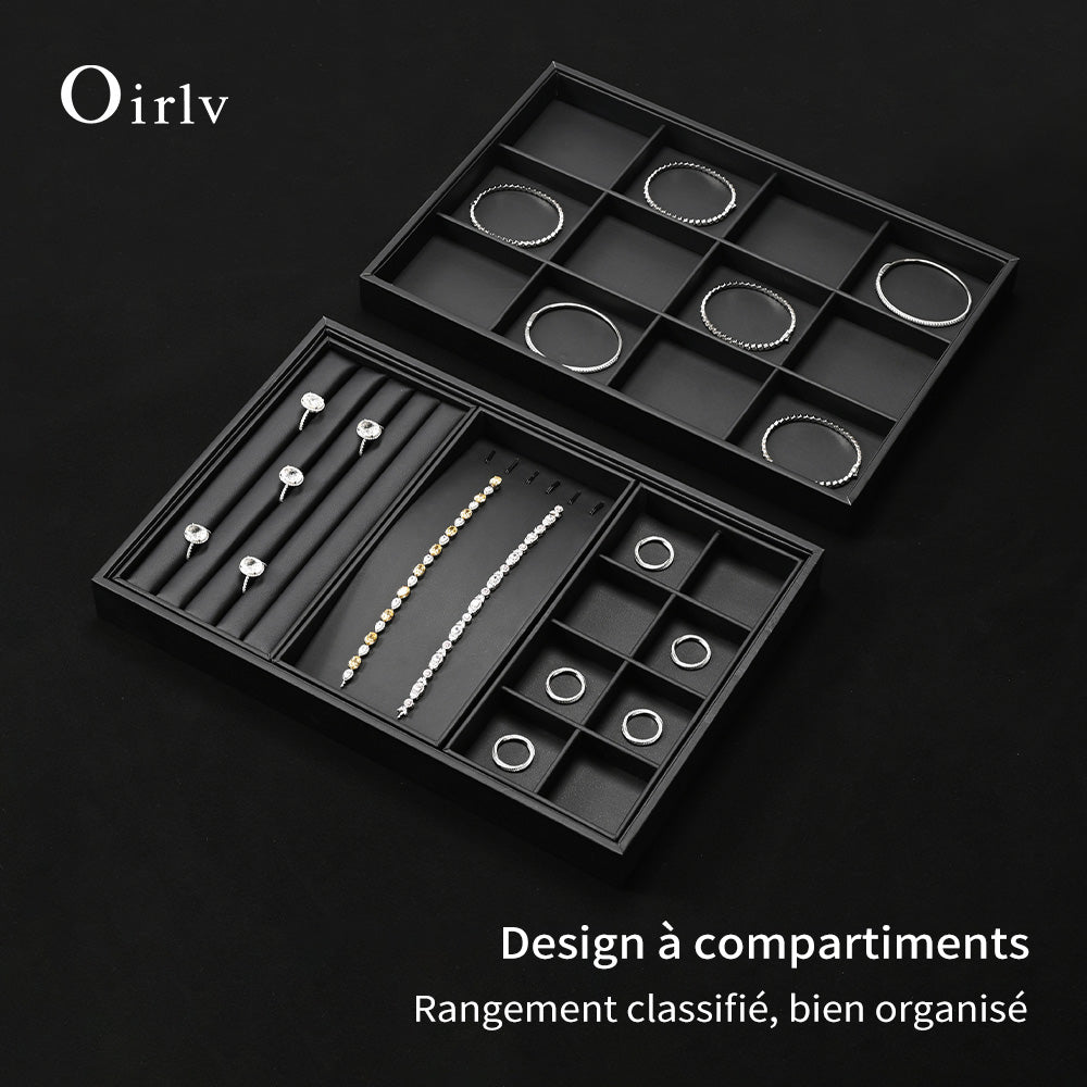 Oirlv Plateau de présentation en cuir PU, organisateur de bijoux noir, présentoir pour bagues, boucles d'oreilles, colliers et bracelets, accessoires de présentation et de rangement