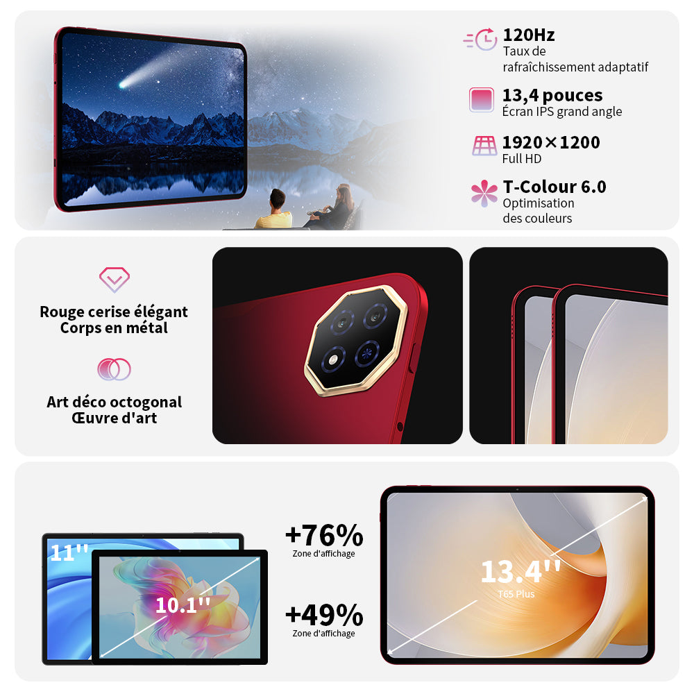 TECLAST T65 Plus Tablette écran 13,4 pouces avec taux de rafraîchissement 120 Hz, Android 15, Double SIM 4G LTE + WiFi 5G, processeur octa-core MTK Helio G99 jusqu'à 2,2 GHz, 20 Go (8 Go + 12 Go virtuels) RAM + 256 Go ROM, caméras 8 MP + 13 MP, BT5.2