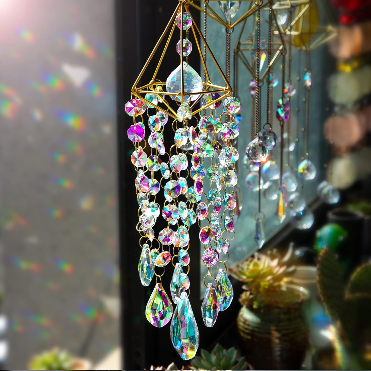 Ju7cer Carillon à vent en cristal irisé lumière et ombre 1 pièce - Décoration de carillon à vent suspendu, Attrape-lumière de jardin, Créateur d’arc-en-ciel pour mariages, Indispensable de Noël