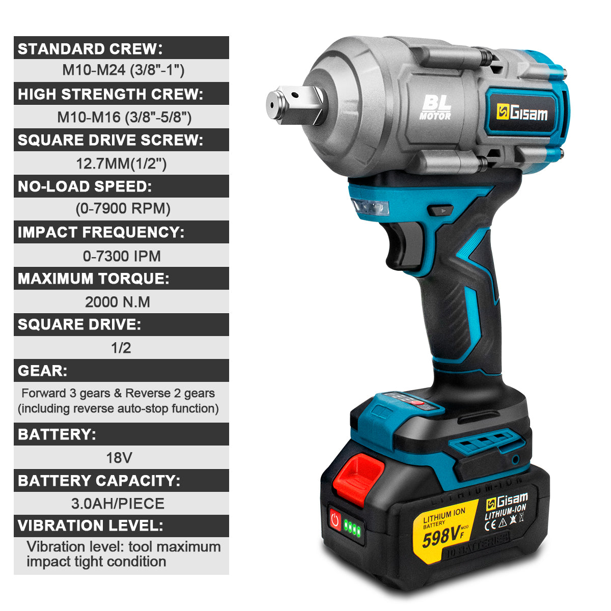 GISAM Clé à chocs électrique brushless sans fil 2000N.m 1/2 pouce, compatible avec batterie Makita 18 V
