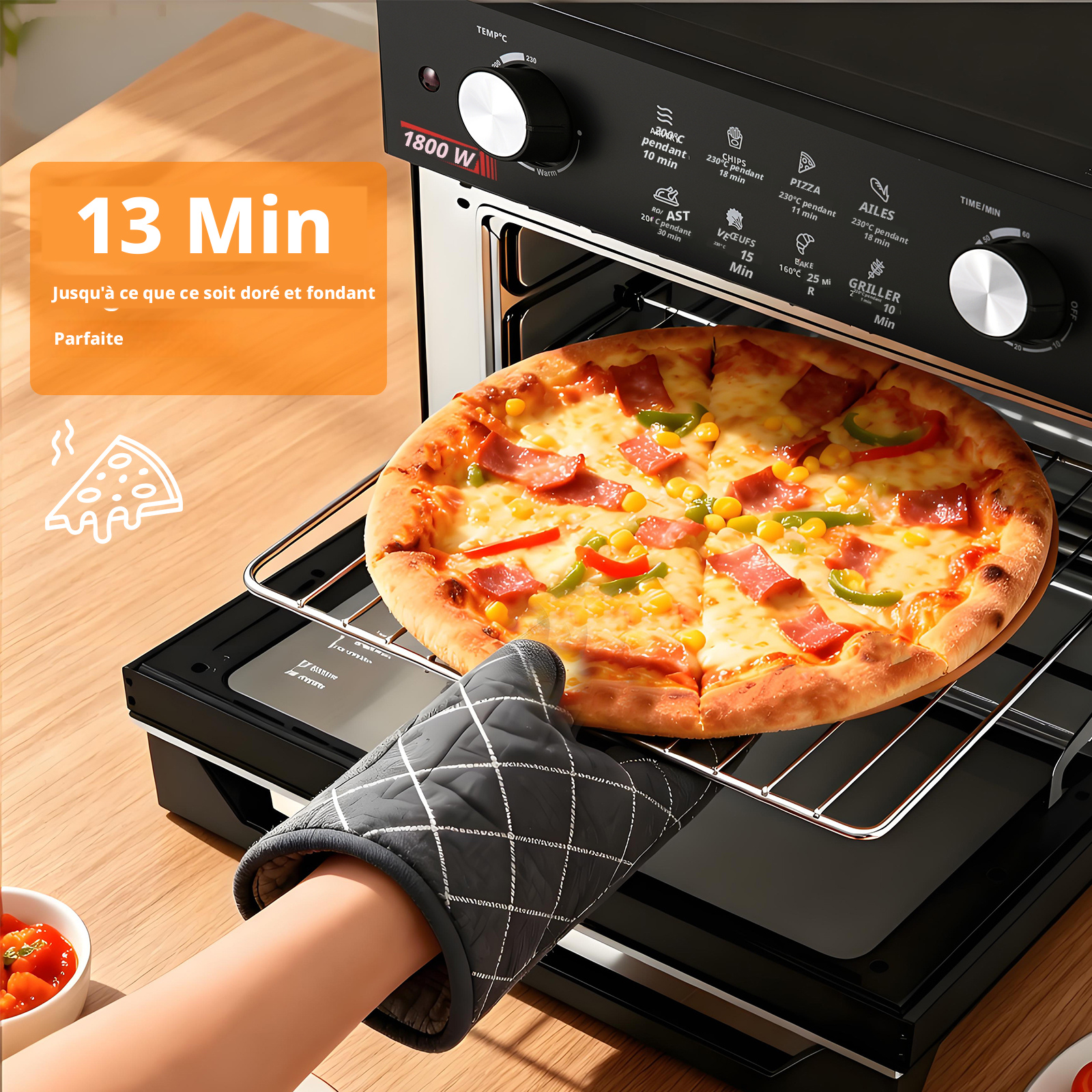 OIMIS Combiné friteuse sans huile et four à chaleur tournante 30 L, format familial, convient pour une pizza de 13 pouces, 1800 W, Noir