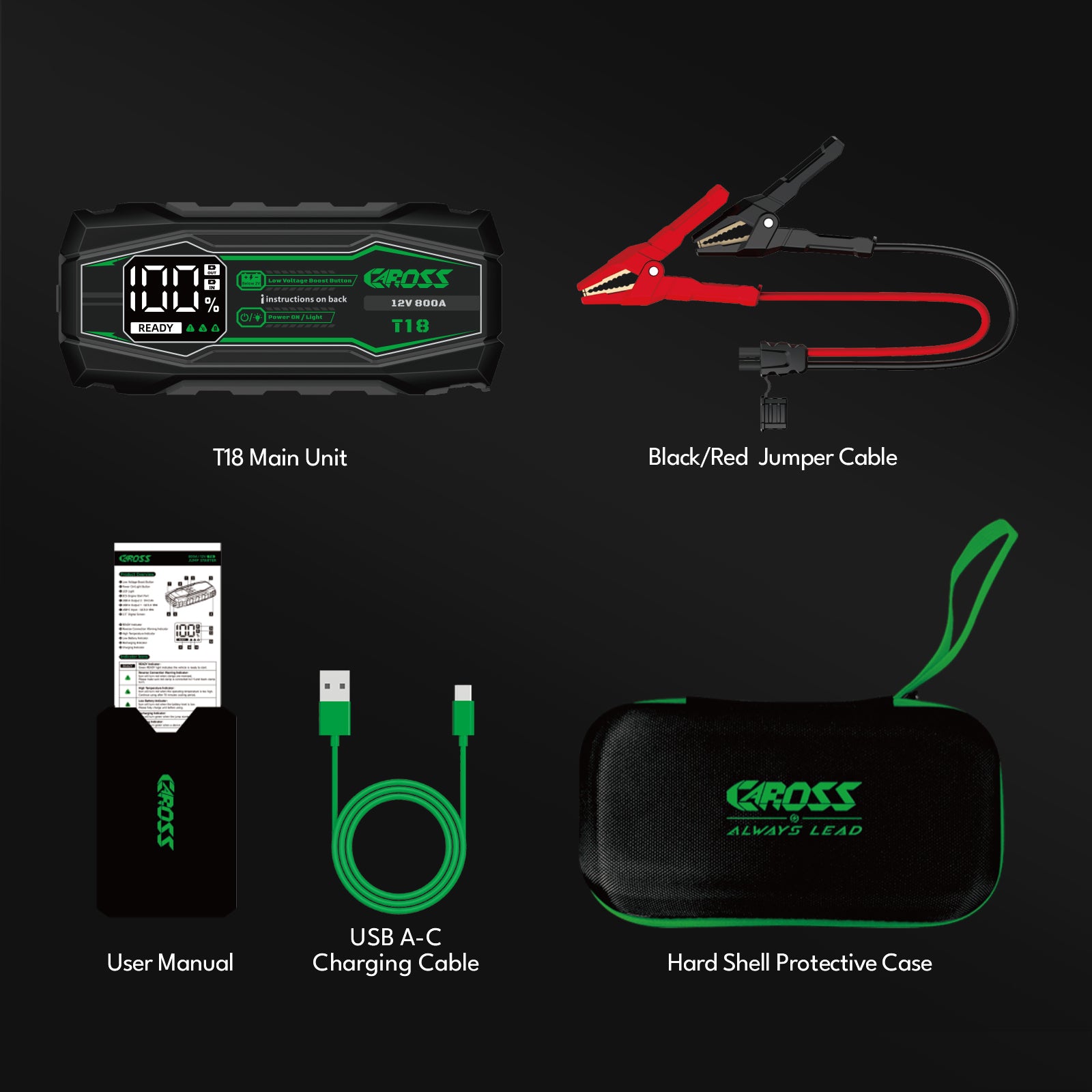 CAROSS Booster de démarrage portable 800 A et 12 V, avec batterie lithium-ion 10 000 mAh, protection anti-étincelles et contre l’inversion de polarité, fonction de boost