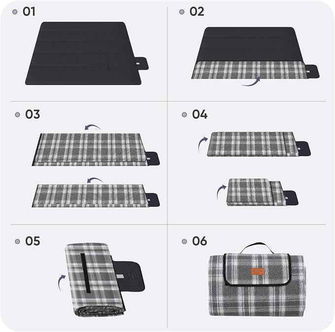 Sekey Couverture de pique-nique imperméable 200*200 cm, Tapis de plage à carreaux anti-sable, Structure 3 couches, Rembourrée et isolante, Dessus en acrylique et dessous en PEVA