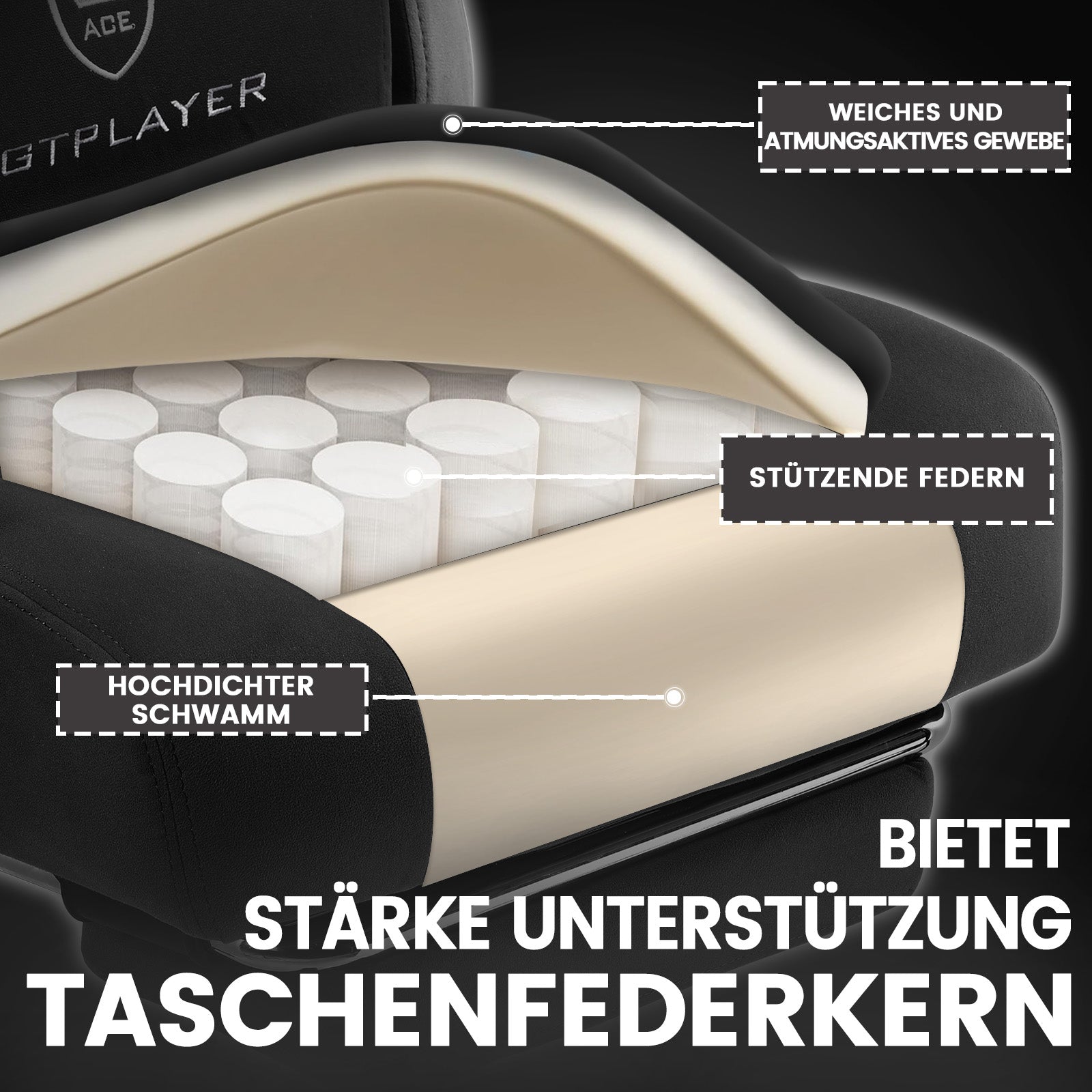 GTPlayer Chaise de jeu ergonomique avec revêtement en tissu, Coussin d’assise à ressorts et repose-pieds, Noir, Tissu noir, 55 x 50 x 130 cm, Vérin à gaz de sécurité hauteur 10 cm pour réglage facile