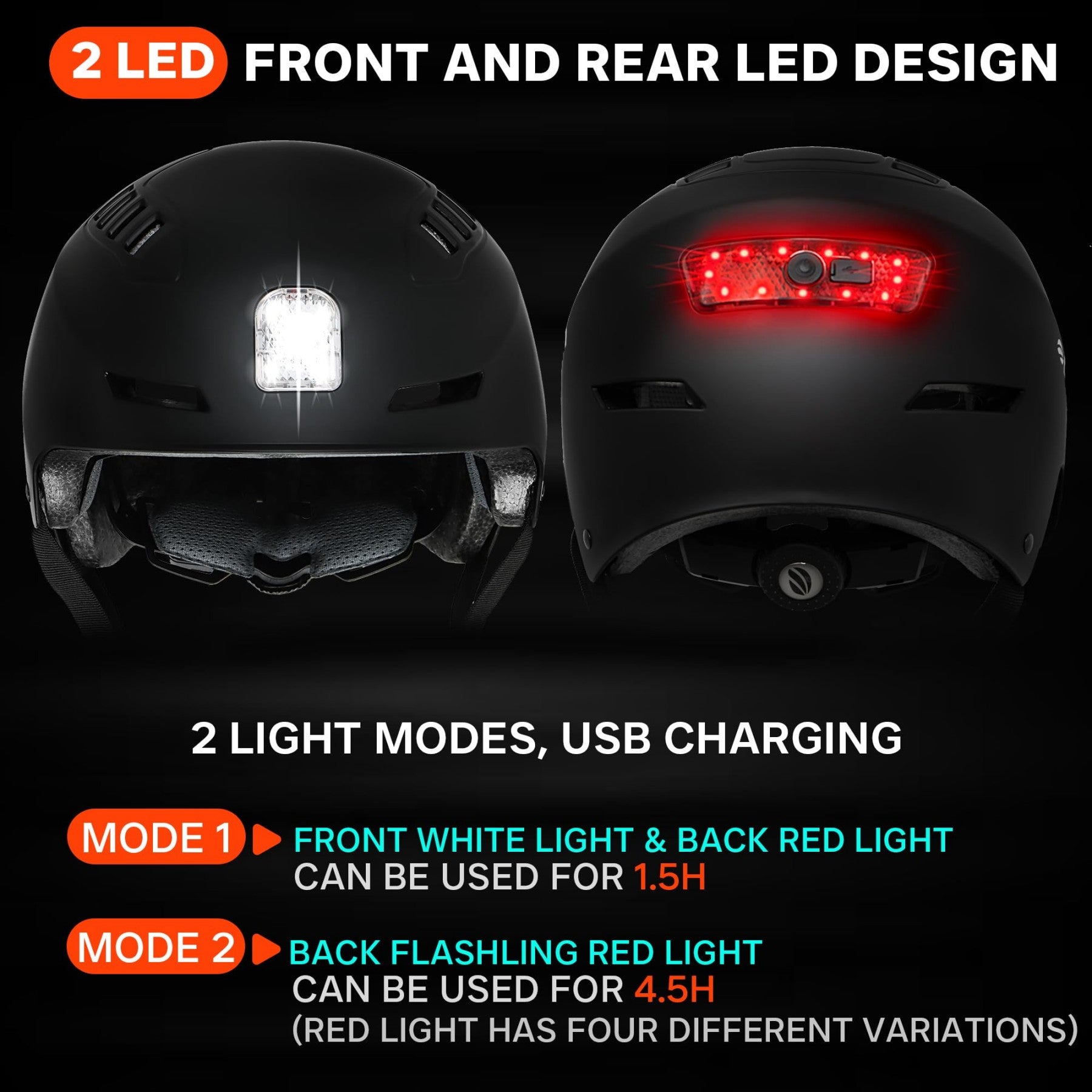 DKONI HS-158 Casque de vélo adulte rechargeable USB avec éclairage avant et arrière Convient aux hommes et aux femmes Noir S 48-55 cm
