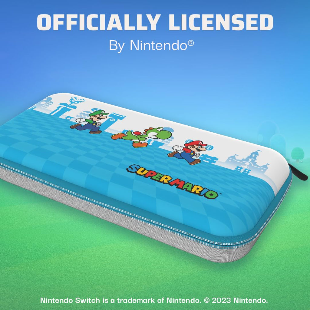 PDP Étui Rigide Travel Case Mario Nintendo Switch, Switch Lite et OLED - Plateau Amovible - Design Élégant - Licence Officielle Super Mario - Motif Escape - Bleu et blanc