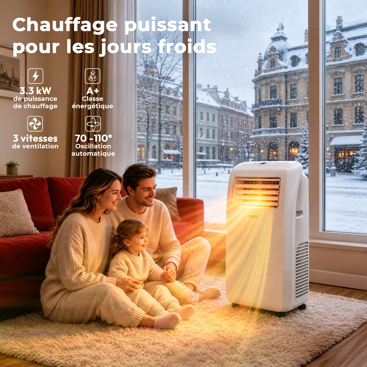 Candy 12000 BTU Climatiseur Mobile, Unité de Climatisation Intelligente 4 en 1, Refroidissement et Chauffage Rapides pour Pièces jusqu'à 35 ㎡, 3 Vitesses, Minuterie 24 H