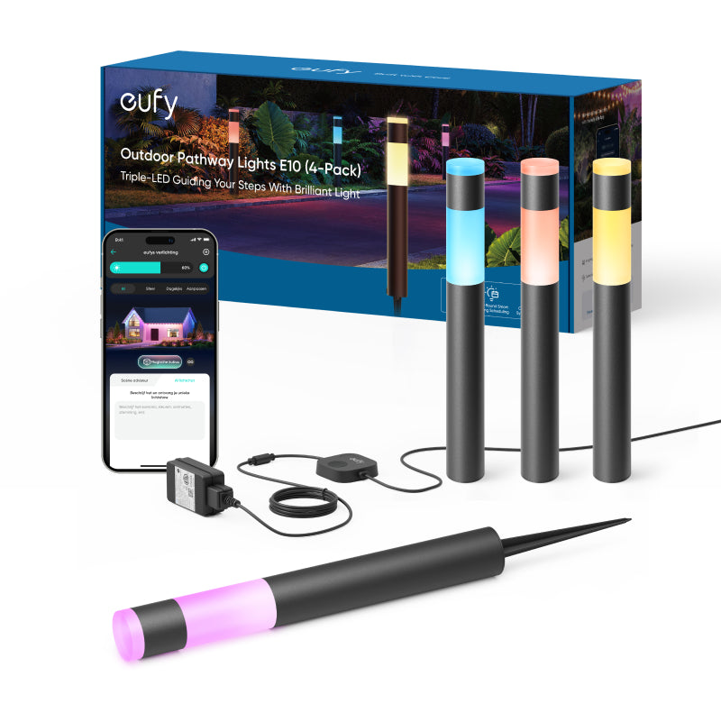 eufy E10 Lampes d’allée extérieures lot de 4 ampoules LED RGBWW connectées filaires, Étanchéité IP65, Pour jardin et terrasse, Contrôle Alexa et application