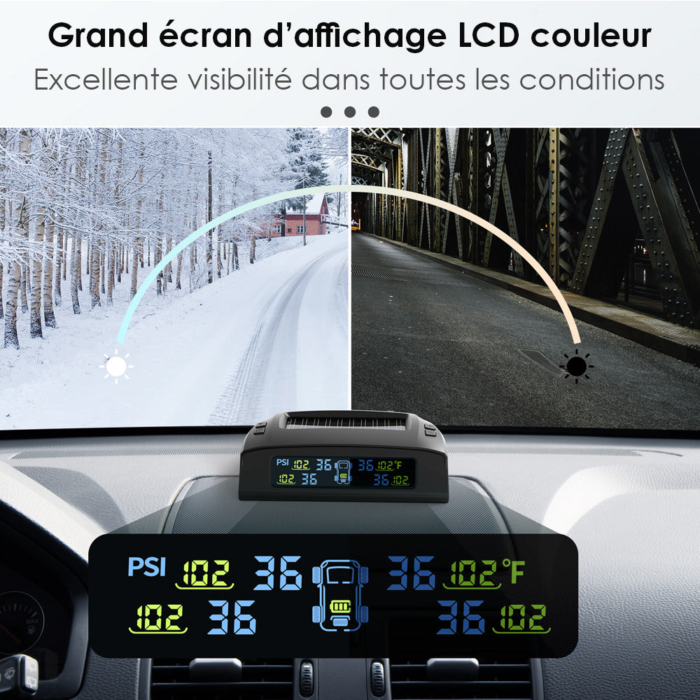 Tymate Système de surveillance de la pression des pneus pour camping-car, Moniteur solaire de pression des pneus avec 4 capteurs, 0 à 87 PSI, 6 modes d’alarme, Répéteur