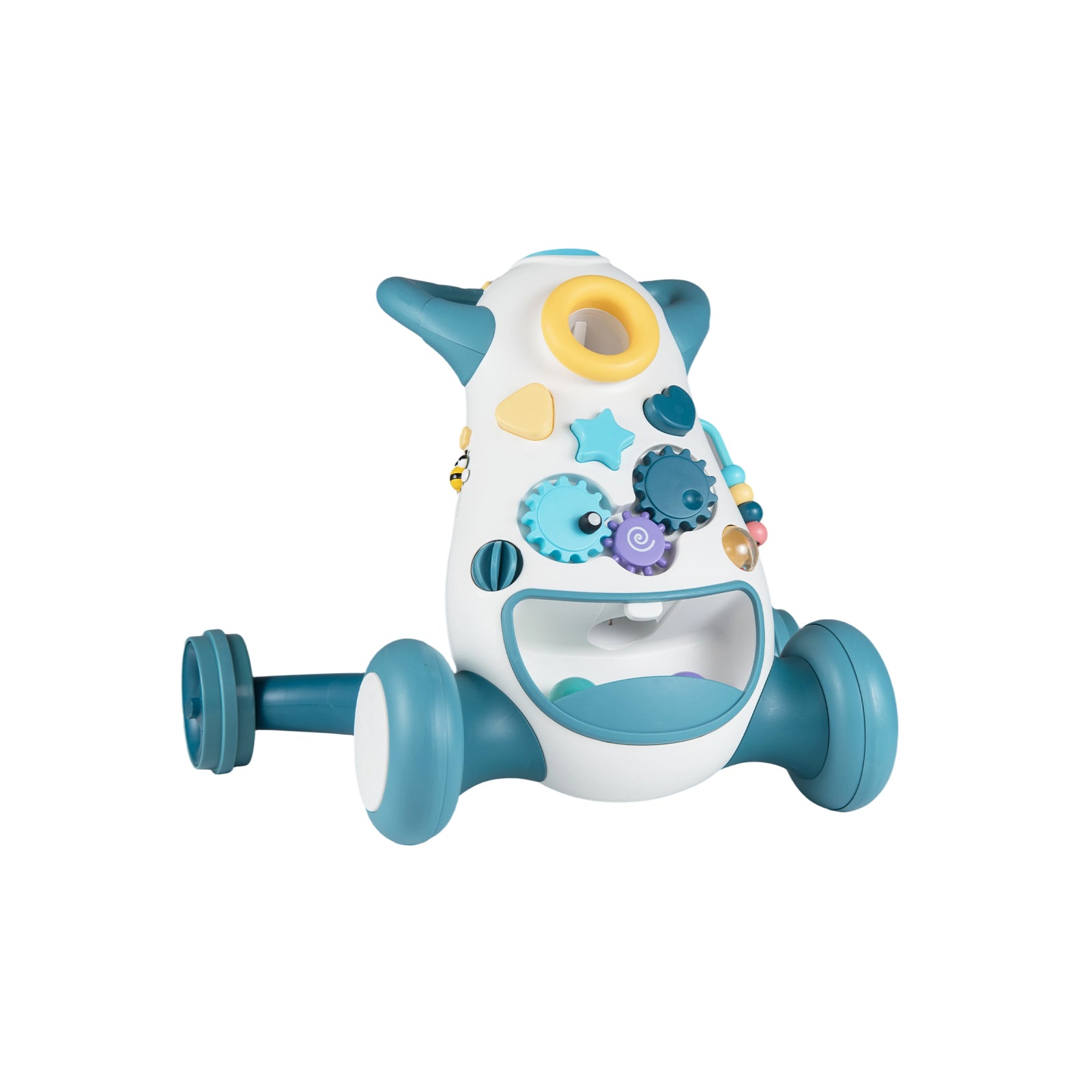 Poussette d'apprentissage pour bébé avec musique et lumières, aide à la marche, jouet de tri de formes et engrenages rotatifs, bleu