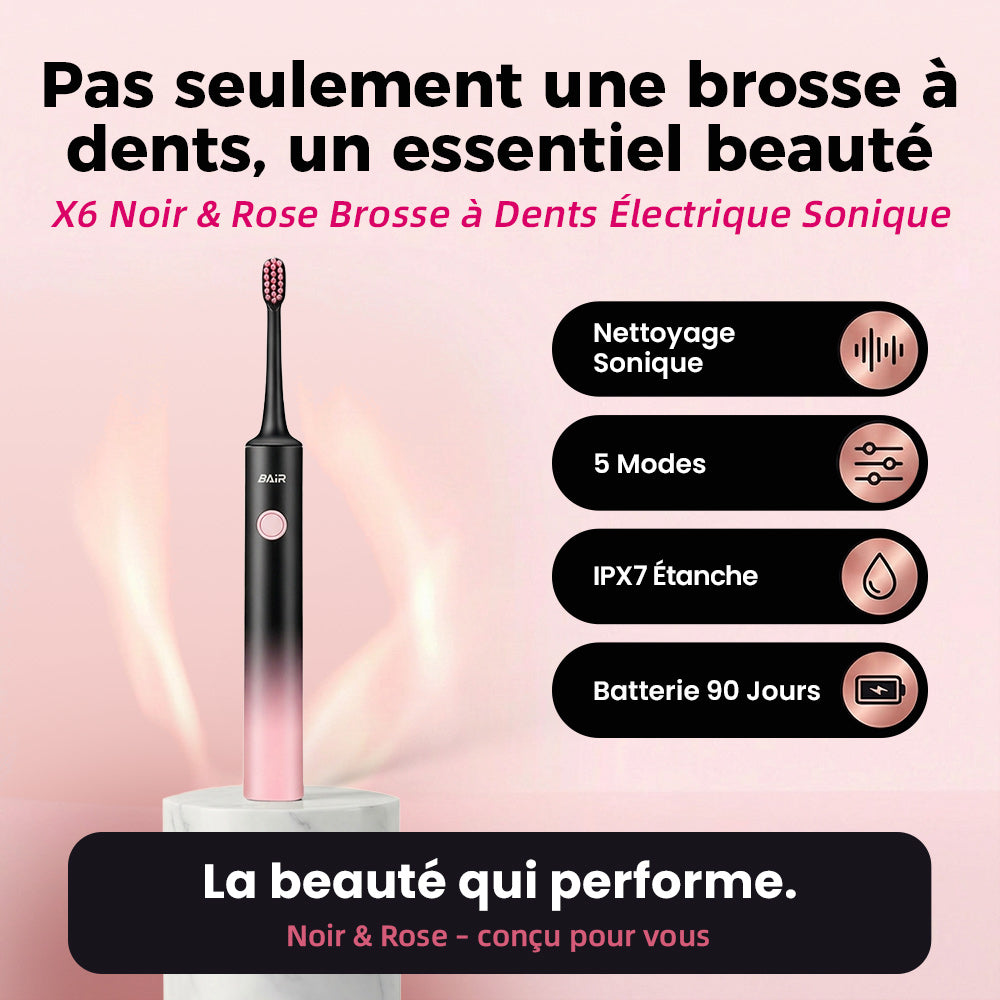 BAIR CARE Brosse à dents électrique sonique X6 - Batterie longue durée 90 jours, Rechargeable, 5 modes, Vibration haute fréquence, Étanche IPX7, Soin bucco-dentaire quotidien