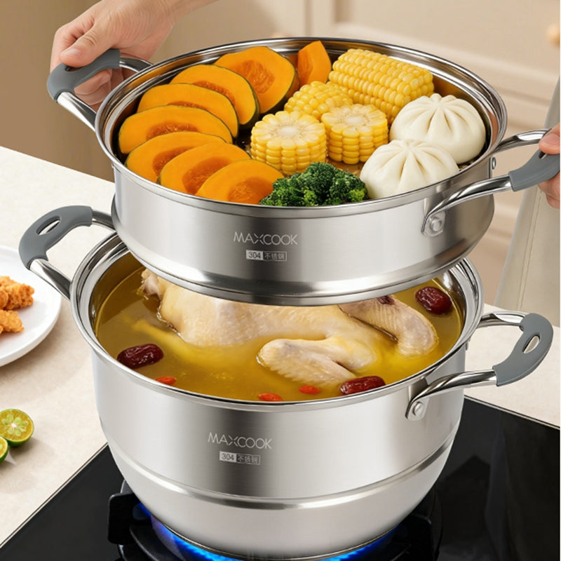 Maxcook cuiseur vapeur à 3 niveaux, cuiseur vapeur en acier inoxydable 304 de 28 cm avec couvercle en verre, cuiseur vapeur multicouche avec poignées en silicone anti-brûlure, compatible avec induction, cuisinière à gaz MCZ743