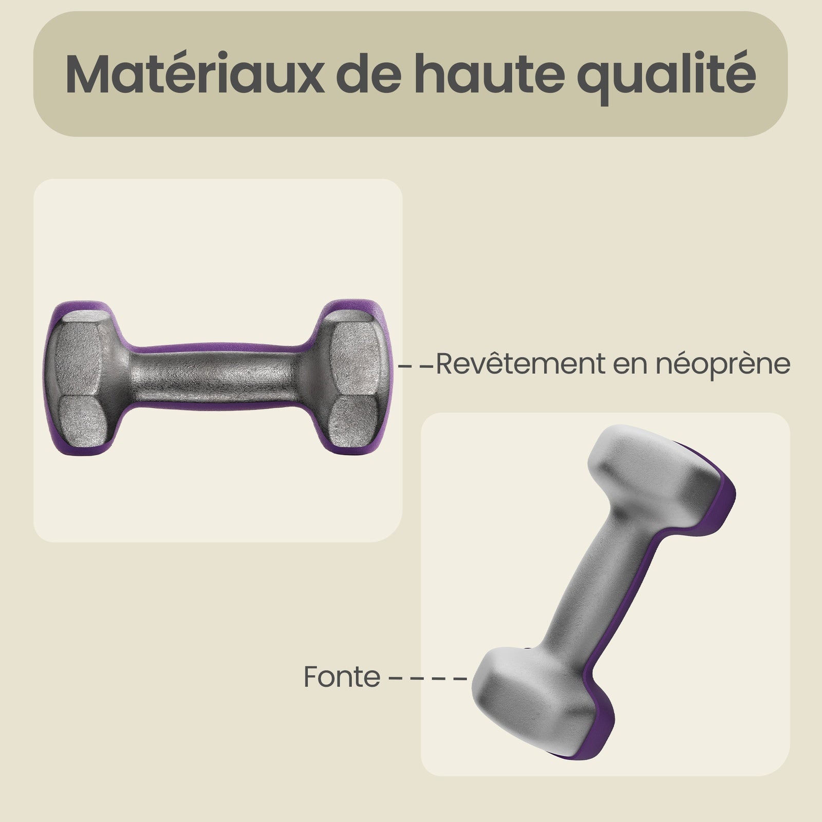 JOYFURNOSLot de 2 haltères, 2 x 2 kg, revêtement en néoprène, Violet