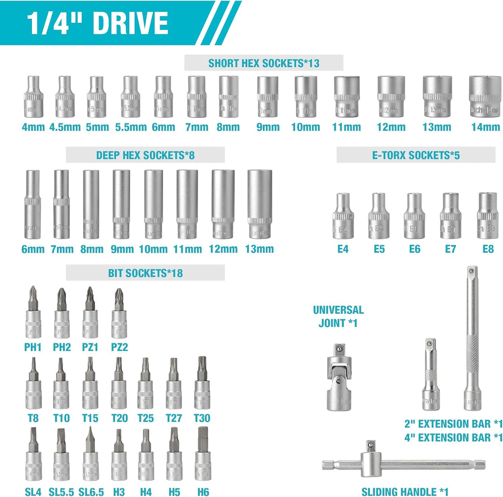 Jeu de 108 douilles avec clés à cliquet et embouts S2, clé à cliquet à libération rapide, boîte de transport, douilles en Cr-V, embouts S2, joints universels, barres d'extension