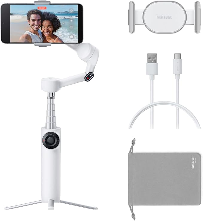 Insta360 Flow 2 Blanc - Stabilisateur pour smartphone pliable avec IA, suivi IA et multi-personnes, trépied/perche à selfie intégrés, télécommande, compatible iPhone/Android, voyage