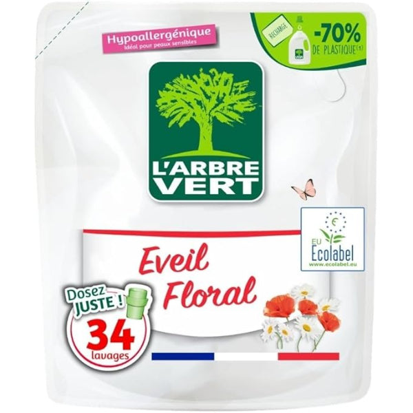 L'Arbre Vert Eveil Floral Lessive Liquide Recharge, Hypoallergénique, Écolabel UE, Parfum Floral, 34 Lavages, 1,53 L