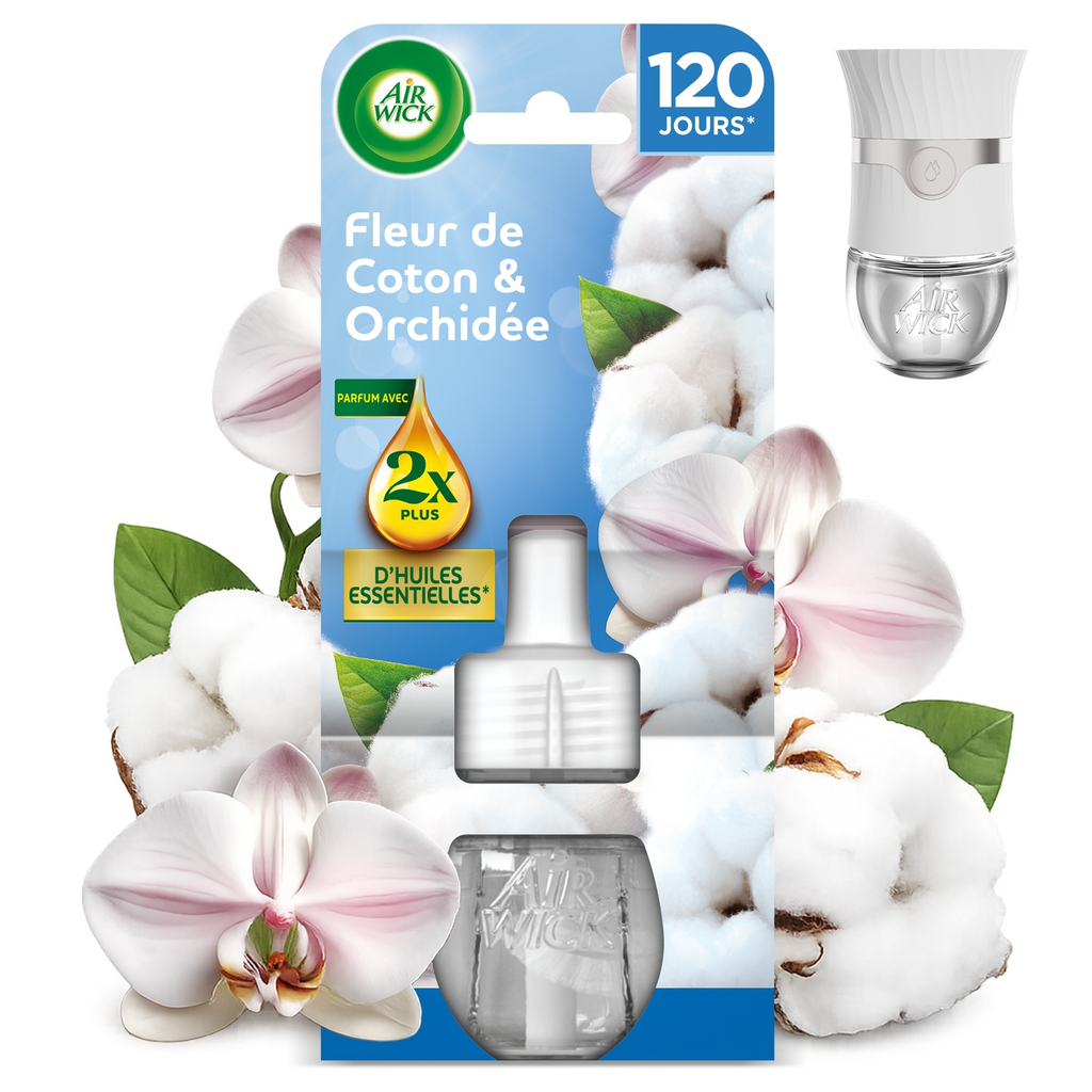 Air-wick Recharge à brancher électrique, Fleur de coton & orchidée, Jusqu'à 120 jours, 19 ml