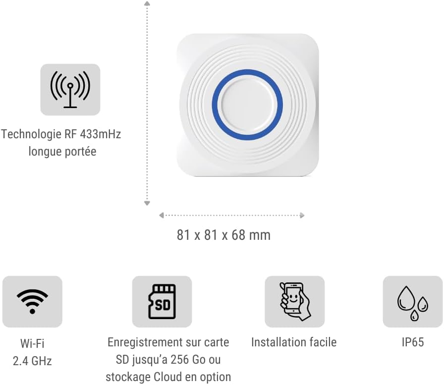 Konyks DRINGG, Sonnette connectée WiFi + RF (Bouton IP65 + Carillon intérieur), Notifications sur Smartphone, Longue portée, IP65, Blanc
