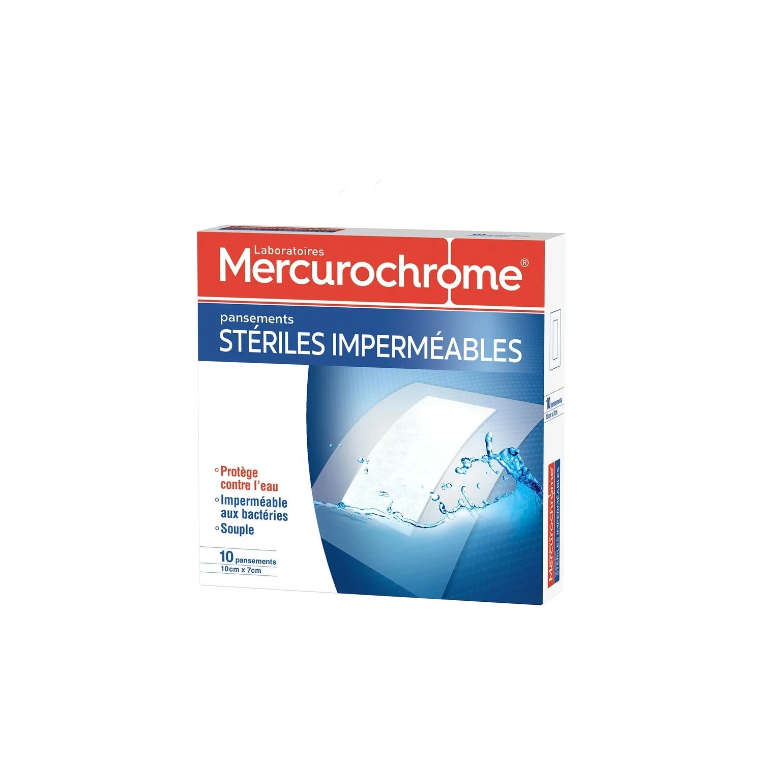 MERCUROCHROME Pansements adhésifs stériles, imperméables, 10 cm x 7 cm, 10 pansements