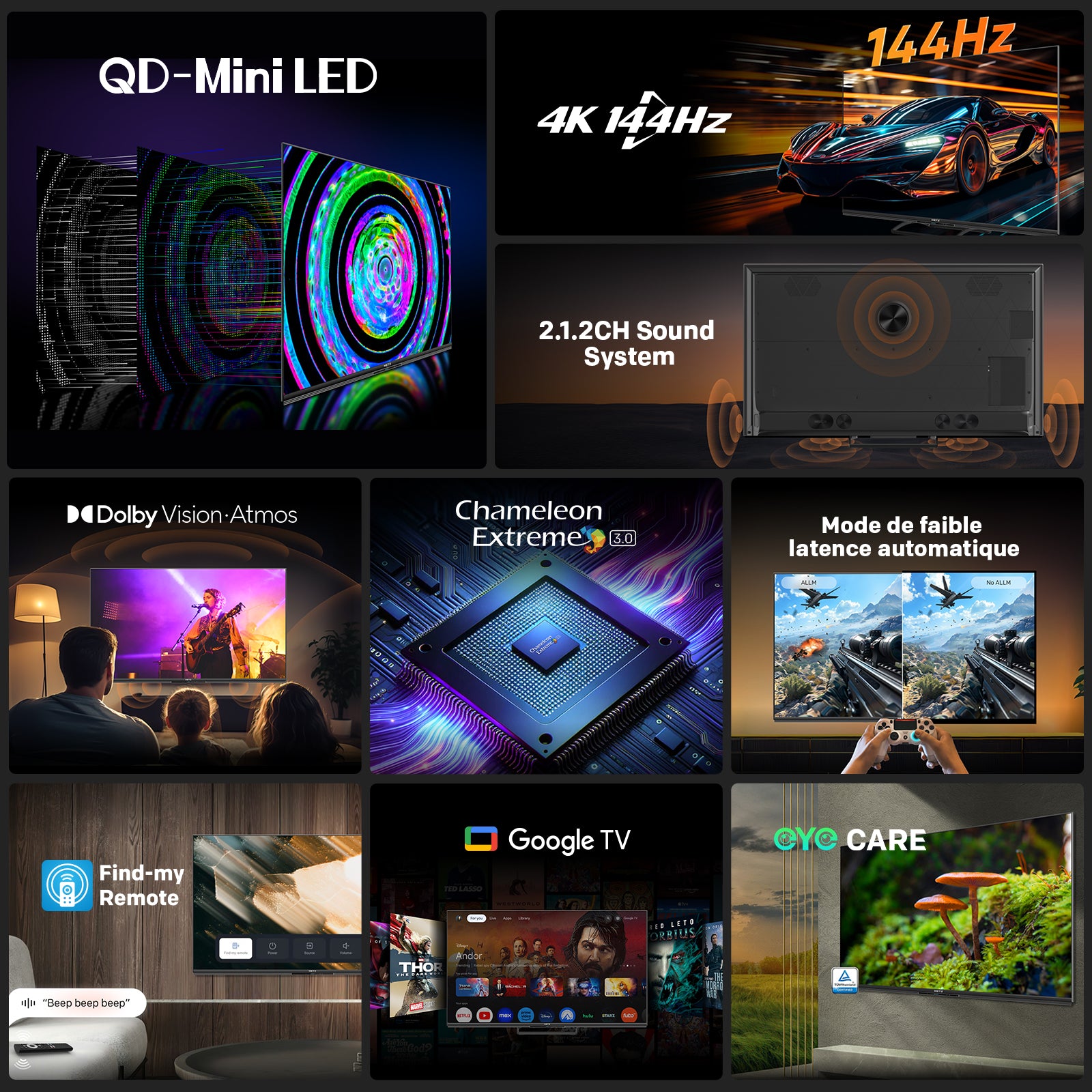 METZ 65MNE8000Z TV MiniLED 144 Hz 65 pouces (165 cm), QLED+ UHD, HDR10+, Smart TV Google, Dolby Vision Atmos, HDMI 2.1, MEMC, Upscaling 4K AI