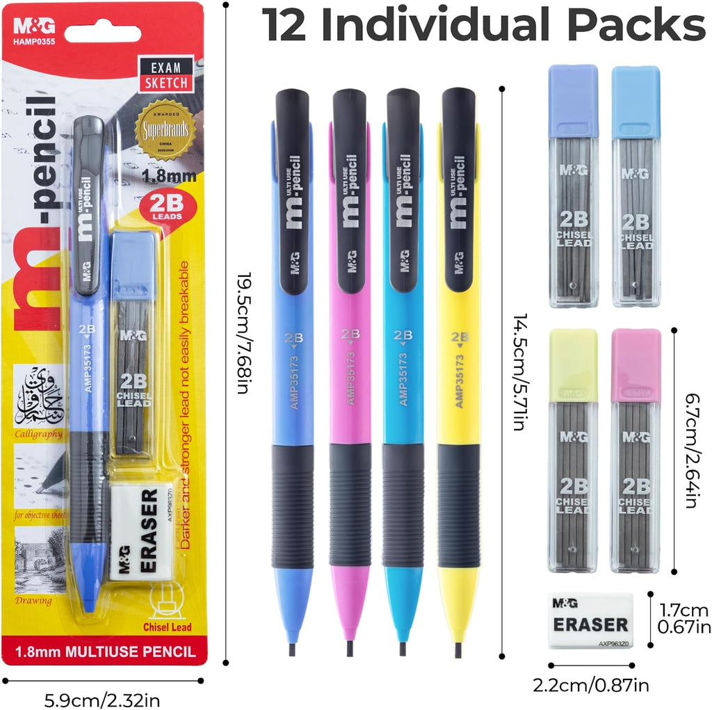 M&G Lot de 12 porte-mines 1,8 mm avec 12 mines 2B et 12 gommes