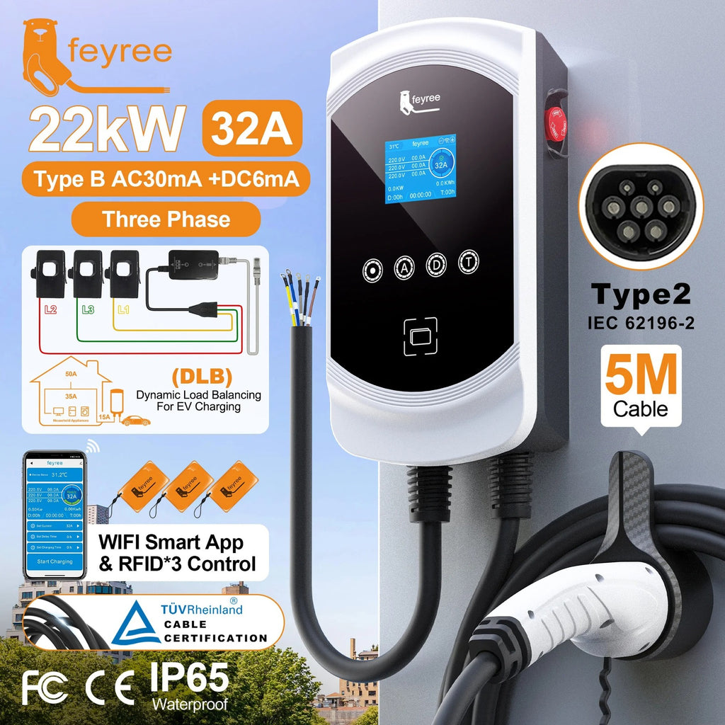feyree Chargeur EV Type 2 32 A 22 kW 3P avec équilibrage dynamique de la charge, modèle EVSE Wallbox, fonctionnalité d’application Wi-Fi intelligente pour voitures électriques