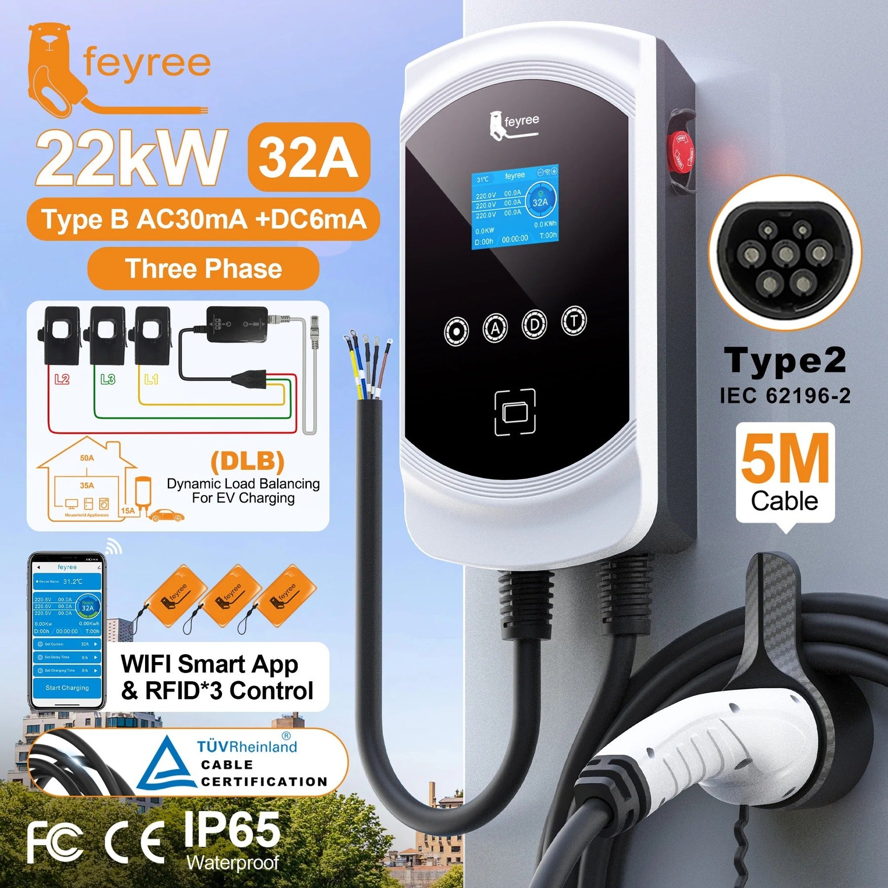 feyree Chargeur EV Type 2 32 A 22 kW 3P avec équilibrage dynamique de la charge, modèle EVSE Wallbox, fonctionnalité d’application Wi-Fi intelligente pour voitures électriques