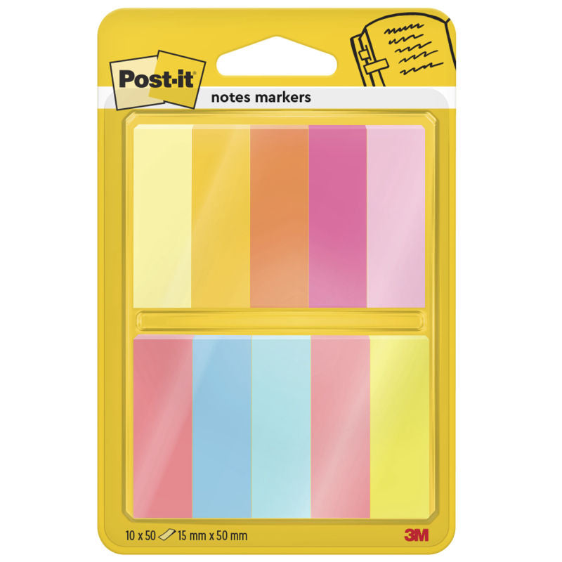 Post It Marqueurs pour blocs-notes, couleurs assorties, 15 mm x 50 mm, 50 feuilles/feuille, 10 blocs/boîte, 100 % PEFC, SGSCH-PEFC-COC-110078
