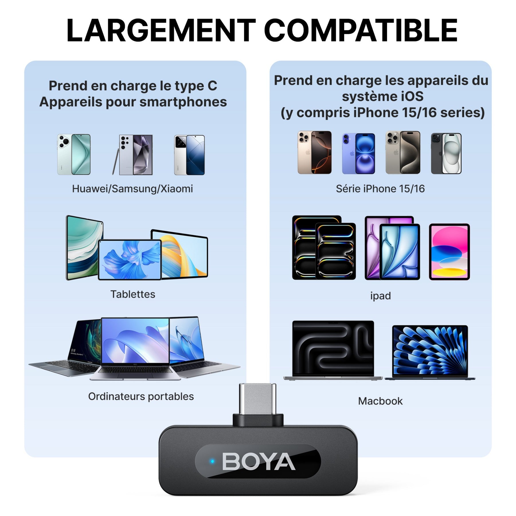 BOYA BY-V20 V2.0 Microphone sans fil USB-C pour iPhone 16/17, Android avec Réduction du bruit en un clic, Autonomie 9 h 2 TX+1 RX