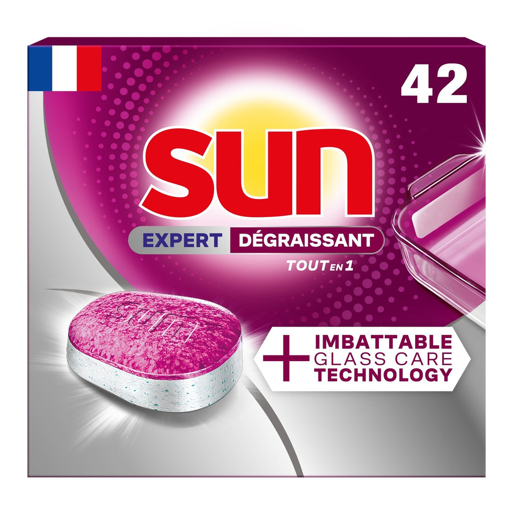 SUN Expert Tablettes lave-vaisselle Tout en 1 dégraissantes technologie Glasscare 42 tablettes (42 lavages)