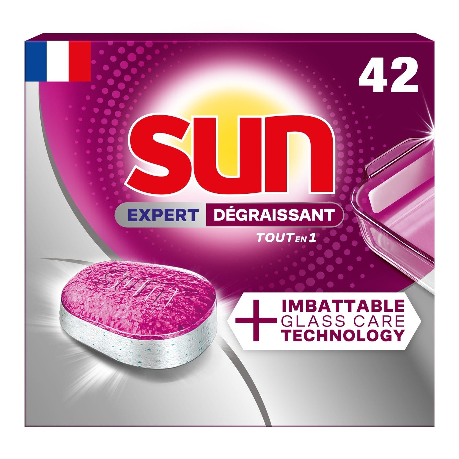 SUN Expert Tablettes lave-vaisselle Tout en 1 dégraissantes technologie Glasscare 42 tablettes (42 lavages)