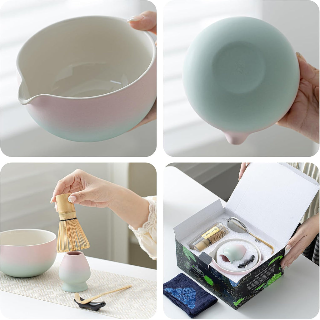 TEANAGOO Fouet à matcha, Kit matcha rose, Kit matcha dégradé rose, Ensemble fouet à matcha pour préparer le petit-déjeuner et des boissons lactées