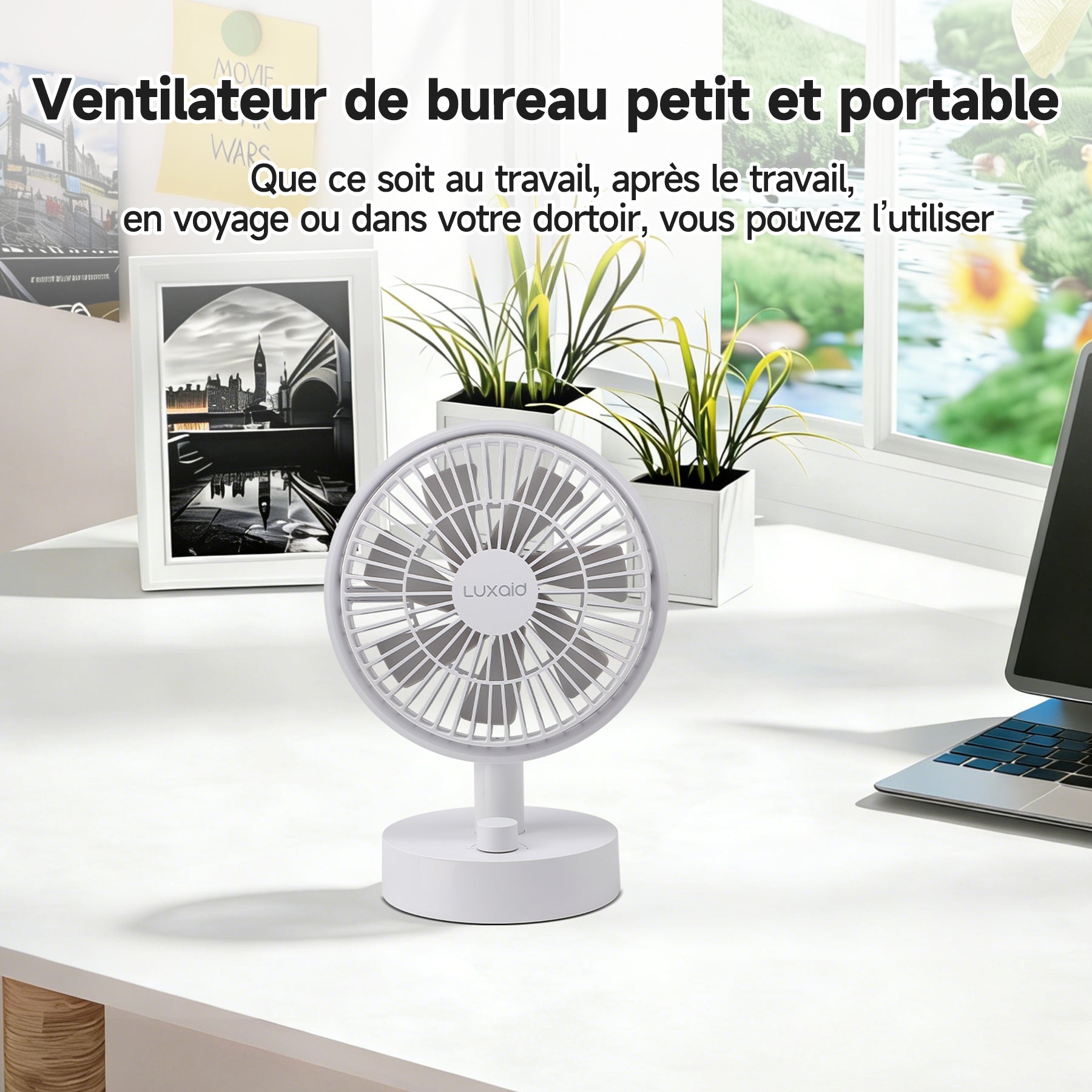 Luxaid Ventilateur de Bureau, Batterie 2000 mAh USB-C, 10 Vitesses, Oscillation 160°, Silencieux, Portable