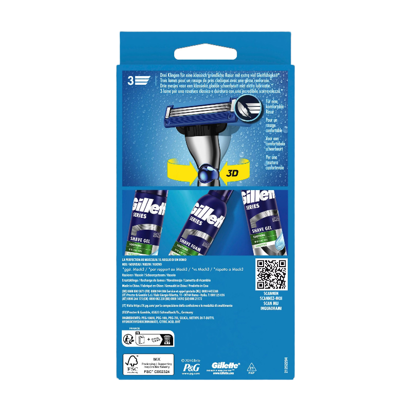 Gillette Mach 3 Turbo Rasoir pour hommes avec 2 lames de rechange, Gris