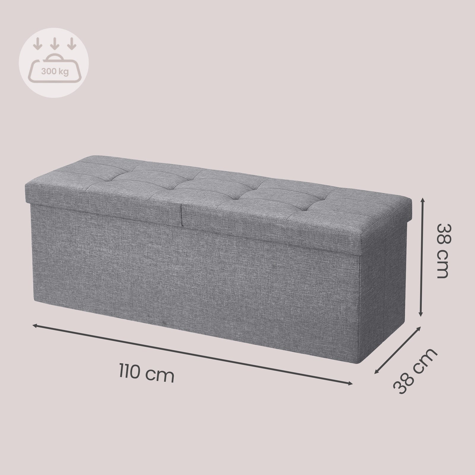 JOYFURNOS Banc de Rangement Pliable, 38 x 110 x 38 cm, Couvercle Rabattable, Capacité de 300 kg, pour Entrée, Salon, Chambre, Gris Foncé