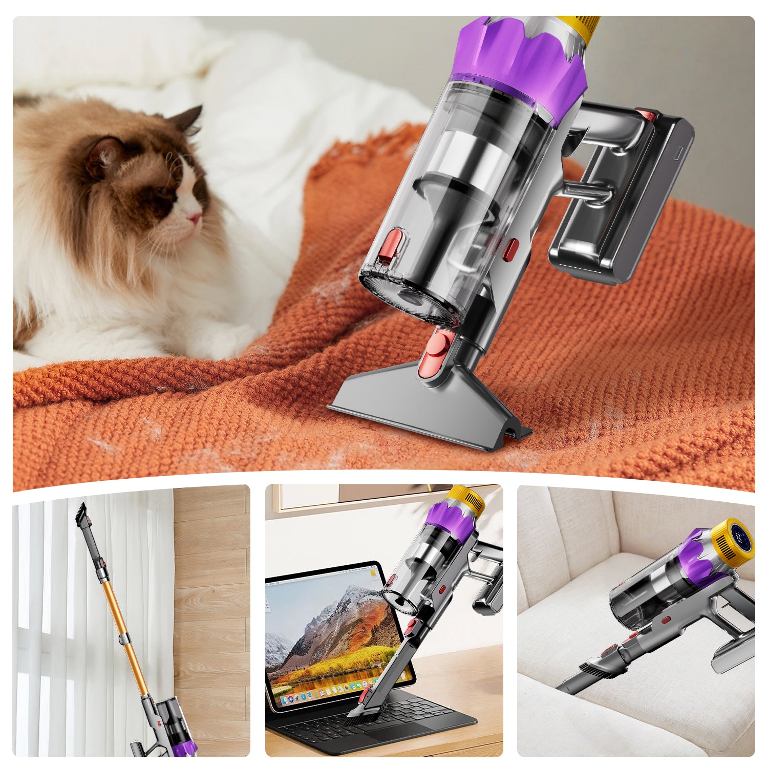 Daynee Aspirateur sans fil, Aspiration 65 kPa, Autonomie de 70 min, Écran LCD, Brosse anti-emmêlement, Filtration HEPA*4, Aromathérapie pour poils d'animaux, tapis et sols durs