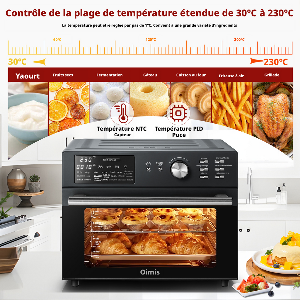 OIMIS Four friteuse à air chaud et grille-pain, 30 L, extra large, avec rôtissoire et déshydrateur, 21 programmes, compatible pizza 33 cm, 1800 W, gris