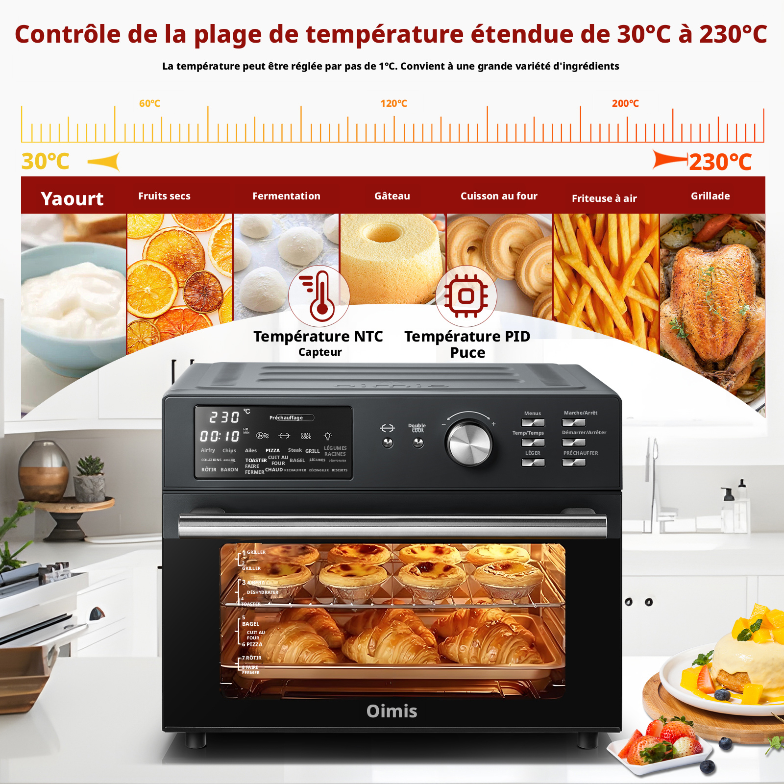 OIMIS Four friteuse à air chaud et grille-pain, 30 L, extra large, avec rôtissoire et déshydrateur, 21 programmes, compatible pizza 33 cm, 1800 W, gris