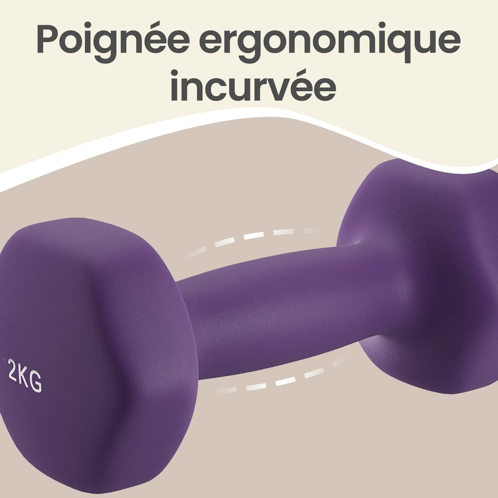 JOYFURNOSSet d’haltères en néoprène avec support, 2 x 1 kg, 2 x 1,5 kg, 2 x 2 kg, pour entraînement Jaune, Orange et Violet